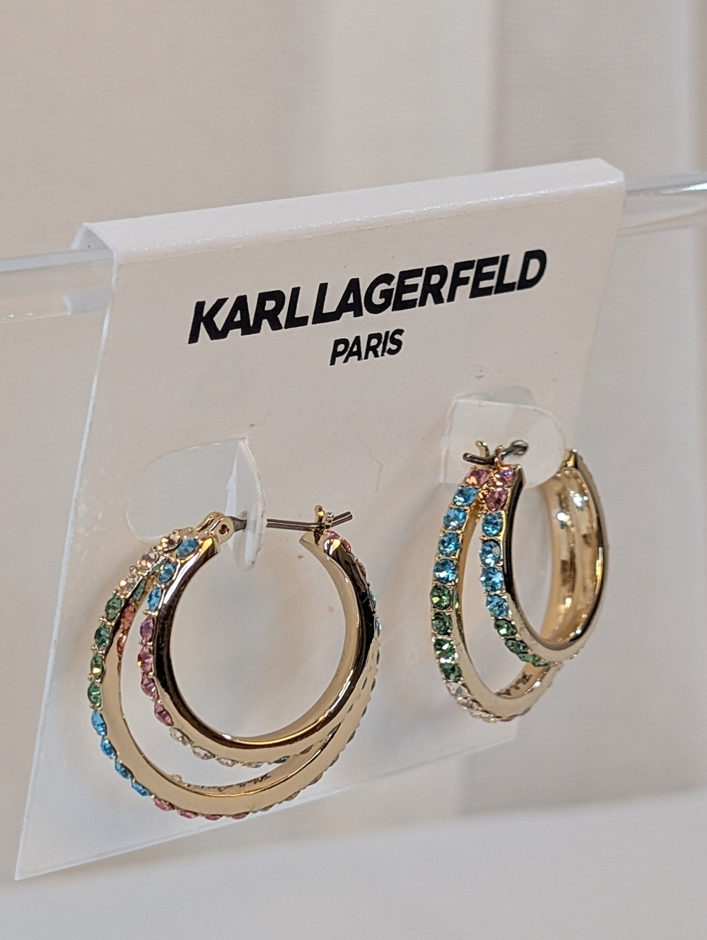 Karl Lagerfeld Gold Hoop Earrings With Multicolor Rainbow Stones - Picture 8 of 10
